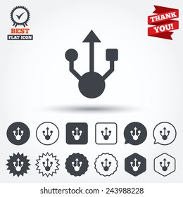 Usb sign icon. Usb flash drive symbol. Circle, star, speech bubble and square buttons. Award medal with check mark. Thank you. Vector