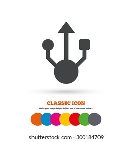 Usb sign icon. Usb flash drive symbol. Classic flat icon. Colored circles. Vector