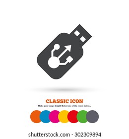 Usb sign icon. Usb flash drive stick symbol. Classic flat icon. Colored circles. Vector