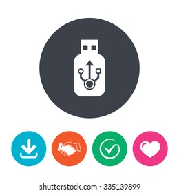 Usb sign icon. Usb flash drive stick symbol. Download arrow, handshake, tick and heart. Flat circle buttons.