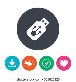 Usb sign icon. Usb flash drive stick symbol. Download arrow, handshake, tick and heart. Flat circle buttons.