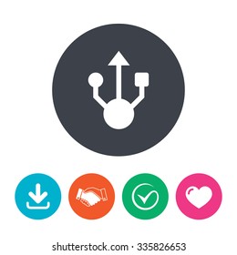 Usb sign icon. Usb flash drive symbol. Download arrow, handshake, tick and heart. Flat circle buttons.