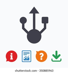 Usb sign icon. Usb flash drive symbol. Information think bubble, question mark, download and report.