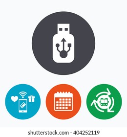Usb sign icon. Usb flash drive stick symbol. Mobile payments, calendar and wifi icons. Bus shuttle.