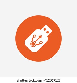 Usb sign icon. Usb flash drive stick symbol. Orange circle button with icon. Vector