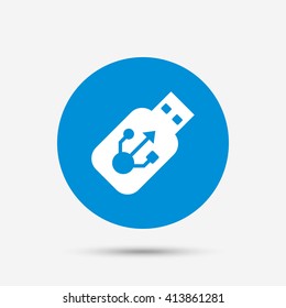 Usb sign icon. Usb flash drive stick symbol. Blue circle button with icon. Vector