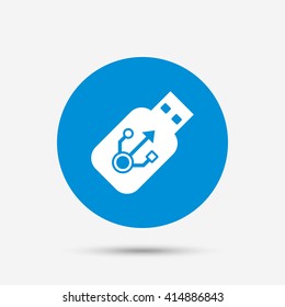 Usb sign icon. Usb flash drive stick symbol. Blue circle button with icon. Vector