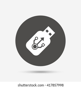 Usb sign icon. Usb flash drive stick symbol. Gray circle button with icon. Vector
