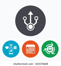 Usb sign icon. Usb flash drive symbol. Mobile payments, calendar and wifi icons. Bus shuttle.