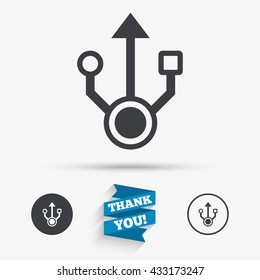 Usb sign icon. Usb flash drive symbol. Flat icons. Buttons with icons. Thank you ribbon. Vector