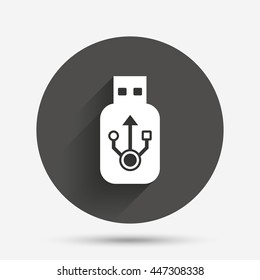 Usb sign icon. Usb flash drive stick symbol. Circle flat button with shadow. Vector