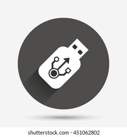 Usb sign icon. Usb flash drive stick symbol. Circle flat button with shadow. Vector
