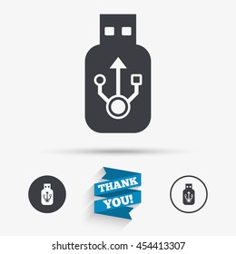 Usb sign icon. Usb flash drive stick symbol. Flat icons. Buttons with icons. Thank you ribbon. Vector