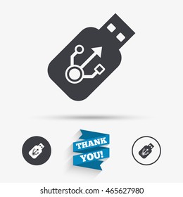 Usb sign icon. Usb flash drive stick symbol. Flat icons. Buttons with icons. Thank you ribbon. Vector