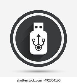 Usb sign icon. Usb flash drive stick symbol. Circle flat button with shadow and border. Vector