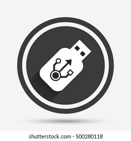 Usb sign icon. Usb flash drive stick symbol. Circle flat button with shadow and border. Vector