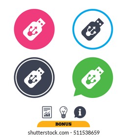 Usb sign icon. Usb flash drive stick symbol. Report document, information sign and light bulb icons. Vector