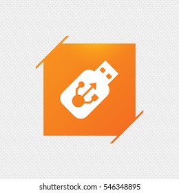 Usb sign icon. Usb flash drive stick symbol. Orange square label on pattern. Vector