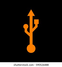 USB sign illustration. Orange icon on black background.