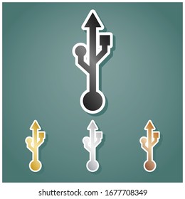 USB sign illustration. Set of metallic Icons with gray, gold, silver and bronze gradient with white contour and shadow at viridan background. Illustration.