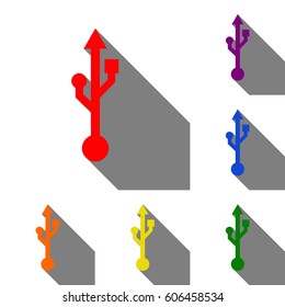 USB sign illustration. Set of red, orange, yellow, green, blue and violet icons at white background with flat shadow.
