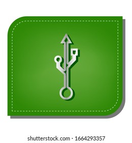 USB sign illustration. Silver gradient line icon with dark green shadow at ecological patched green leaf. Illustration.