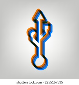USB sign illustration. Stroked Icon in orange, azure and old lavender Colors at gray Background. Illustration.