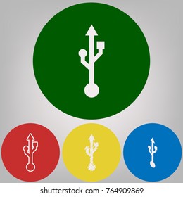 USB sign illustration. Vector. 4 white styles of icon at 4 colored circles on light gray background.