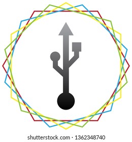 USB sign illustration. Vector. Black icon with patch of light inside colorful hexagonal frames at white background.