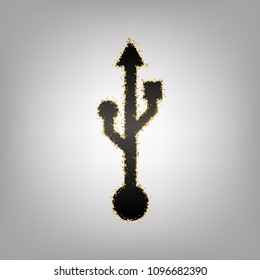 USB sign illustration. Vector. Blackish icon with golden stars at grayish background.