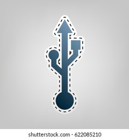 USB sign illustration. Vector. Blue icon with outline for cutting out at gray background.