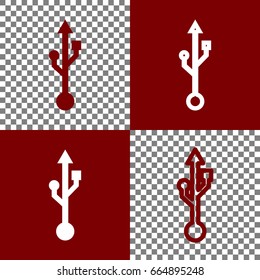 USB sign illustration. Vector. Bordo and white icons and line icons on chess board with transparent background.