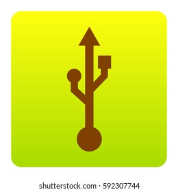 USB sign illustration. Vector. Brown icon at green-yellow gradient square with rounded corners on white background. Isolated.