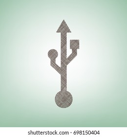 USB sign illustration. Vector. Brown flax icon on green background with light spot at the center.
