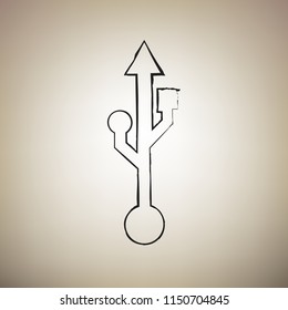 USB sign illustration. Vector. Brush drawed black icon at light brown background.