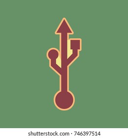USB sign illustration. Vector. Cordovan icon and mellow apricot halo with light khaki filled space at russian green background.