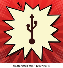 USB sign illustration. Vector. Dark red icon in lemon chiffon shutter bubble at red popart background with rays.