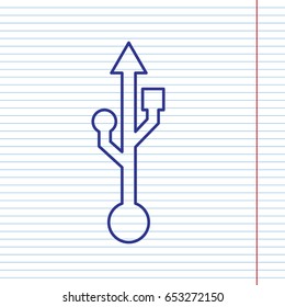 USB sign illustration. Vector. Navy line icon on notebook paper as background with red line for field.