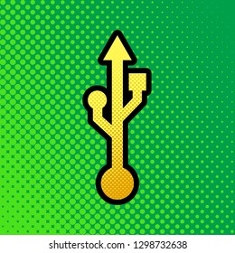 USB sign illustration. Vector. Pop art orange to yellow dots-gradient icon with black contour at greenish background.