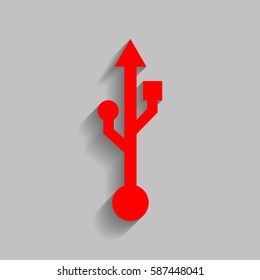 USB sign illustration. Vector. Red icon with soft shadow on gray background.