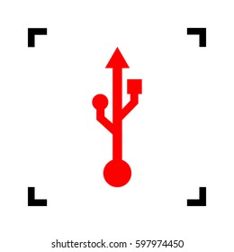 USB sign illustration. Vector. Red icon inside black focus corners on white background. Isolated.