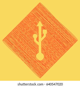 USB sign illustration. Vector. Red scribble icon obtained as a result of subtraction rhomb and path. Royal yellow background.
