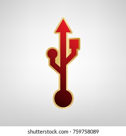 USB sign illustration. Vector. Red icon on gold sticker at light gray background.