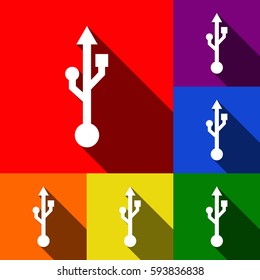 USB sign illustration. Vector. Set of icons with flat shadows at red, orange, yellow, green, blue and violet background.
