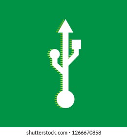 USB sign illustration. Vector. White flat icon with yellow striped shadow at green background.