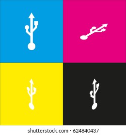 USB sign illustration. Vector. White icon with isometric projections on cyan, magenta, yellow and black backgrounds.