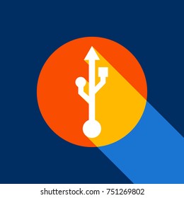 USB sign illustration. Vector. White icon on tangelo circle with infinite shadow of light at cool black background. Selective yellow and bright navy blue are produced.