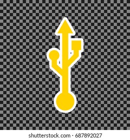 USB sign illustration. Vector. Yellow icon with white contour on dark transparent background.