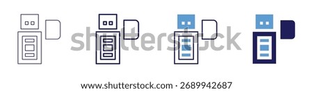 USB speaker icon in 4 different styles. Thin Line, Line, Bold Line, Duotone. Duotone style. Editable stroke.
