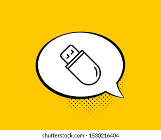 Usb stick line icon. Comic speech bubble. Computer memory component sign. Data storage symbol. Yellow background with chat bubble. Usb stick icon. Colorful banner. Vector